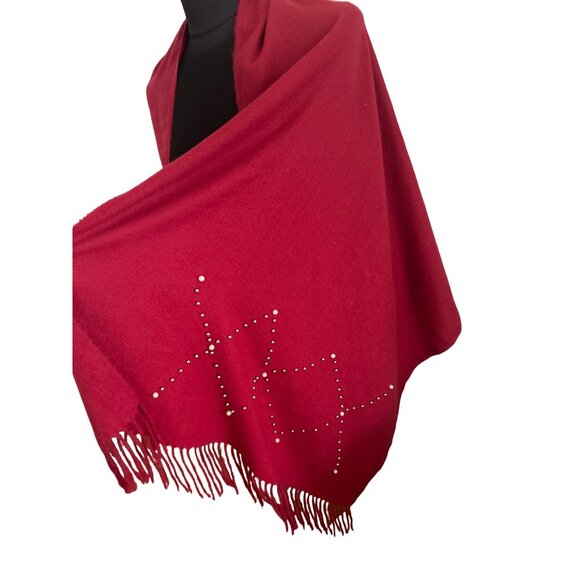 Jessica McClintock Dark Red Shawl With Pearl/Silver Ball Accents - Picture 2 of 8